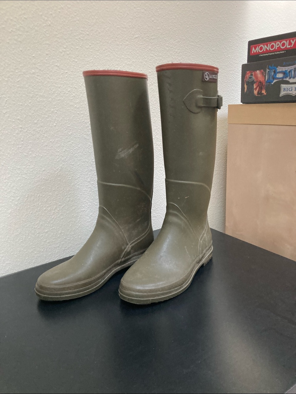 Aigle Olive Green Tall Rain Boots with Coral Trim